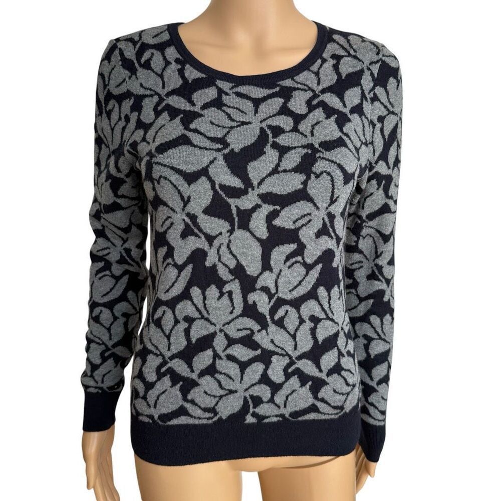 Ann Taylor floral print sweater cotton blend navy/grey jacquard design size S